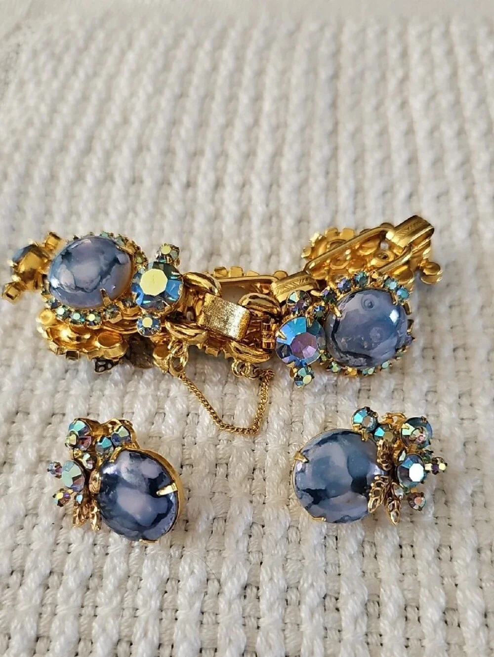 Vintage Gold-Tone Blue Marbled Crystal Bracelet & Earrings Set